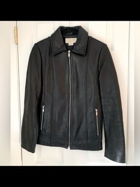 Michael Kors Black Leather Zip-Front Jacket